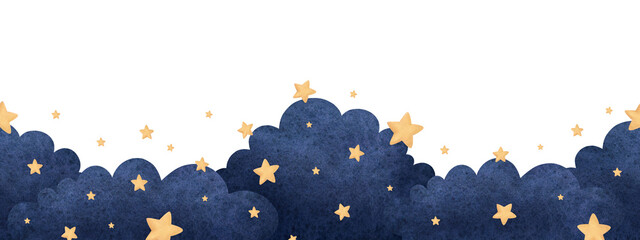 Seamless border with watercolor clouds and stars