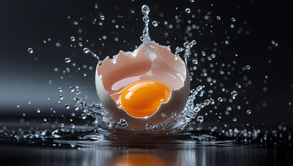 Raw Egg Splash in Mid-Air Impact with Yolk and Shell Explosion on Dark Background