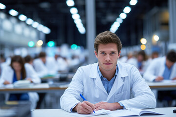 Scientist writes in lab. Use for medical, science, education.