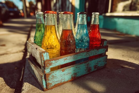 Vintage soda bottle crate glowing in golden sunlight, nostalgic retro vibe preserved