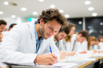 Medical student writes in lecture hall. Education concept. Use for design, marketing, or editorial.