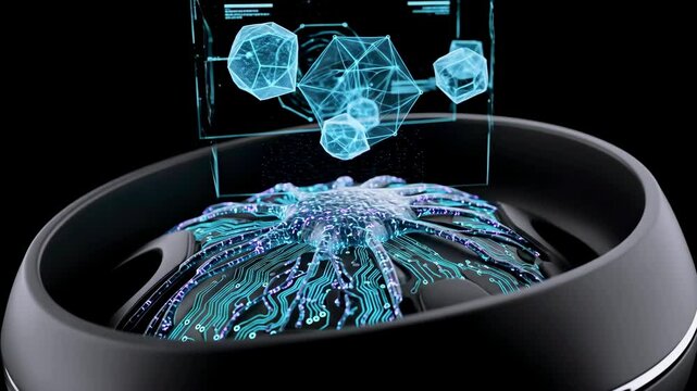 Futuristic holographic display showcasing vibrant 3D molecular structures above a sleek black device