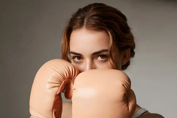 Silent Strength: Studio Portrait of a Focused Young Woman in Peach Boxing Gloves with an Intense and Calm Stare