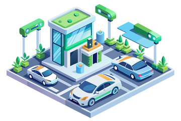 Obraz premium Isometric Gas Station with Electric Vehicle Charging Stations and Modern Architecture Design for Sustainable Transportation and Energy
