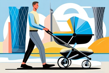 Dad maneuvers a premium stroller through a palette of colorful buildings, showcasing modern family values in city living.