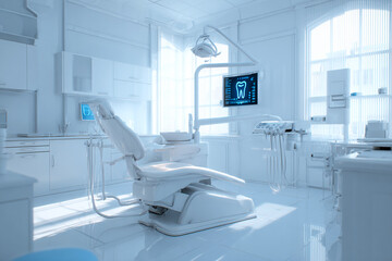 Clean dental office shines with modern equipment. Illustrates oral healthcare, dentistry, health, medicine. For marketing, web design, and editorial use.