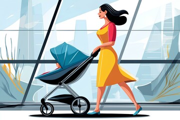 Woman in yellow dress pushing a stroller with a child, walking through a modern glass building, showcasing urban lifestyle and family dynamics in a vibrant environment