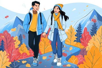 Young stylish couple shares a quiet moment walking through nature's colorful display.