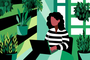 Woman working remotely on laptop in a vibrant indoor garden, surrounded by lush green plants, showcasing a modern workspace with natural light and a calming atmosphere