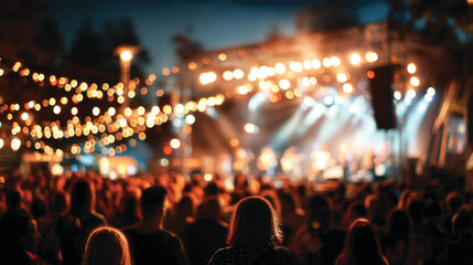 Blur background of people at summer music festival outdoors at night