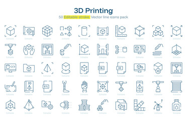 3D Printing line icon pack. 3D Printing Stroke icon set. Editable Stroke icon
