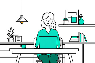 Illustration of a woman working remotely at a desk with a laptop, surrounded by plants and books, creating a cozy and productive home office environment