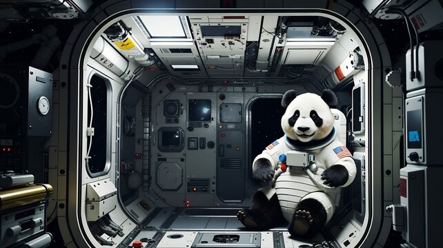 A panda astronaut is seated inside of a spaceship looking at the camera with friendly expression. - Powered by Adobe