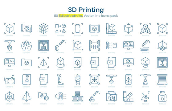 3D Printing line icon pack. 3D Printing Stroke icon set. Editable Stroke icon