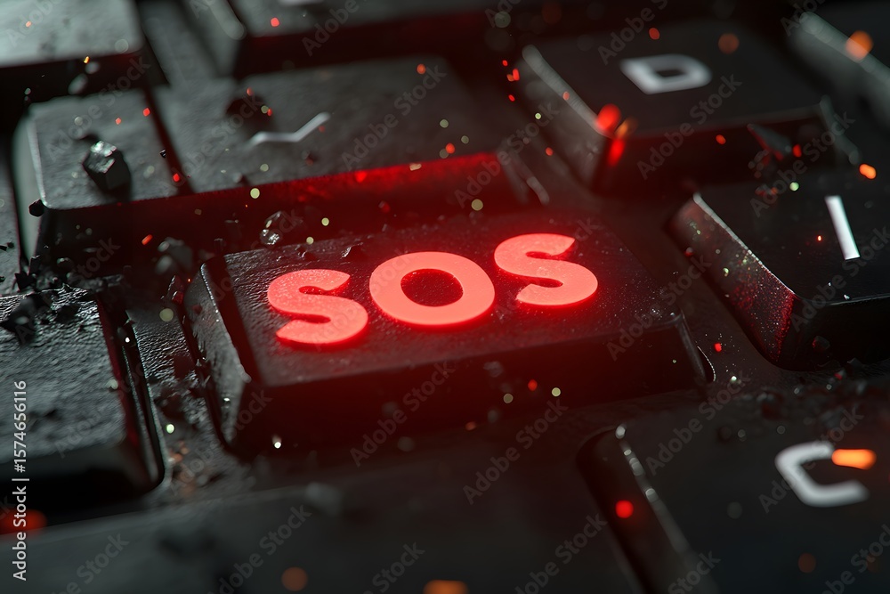 Fototapete bright red sos button on a dark keyboard surrounded by particles