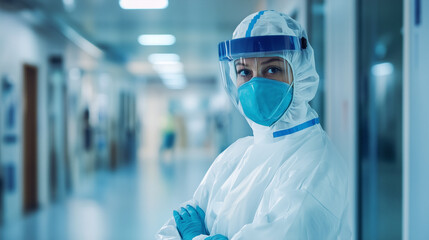 Medical professional in full protective gear stands confidently in a hospital corridor