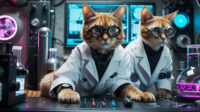 Two ginger cats dressed as scientists work in a futuristic laboratory, experimenting with serums.
