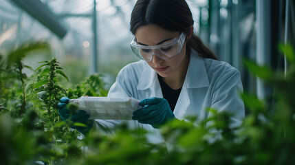 Female scientist wearing safety goggles and gloves conducts research on plant samples in a greenhouse laboratory.