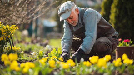 Elderly man is carefully tending to blooming yellow flowers in a vibrant spring garden.