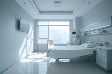 Hospital room stands empty, ready for new patient. Clean, modern design. Healthcare marketing, editorial, and web use.
