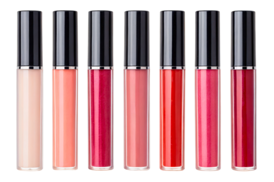 Set of seven different lip gloss colors in tubes isolated with transparent background