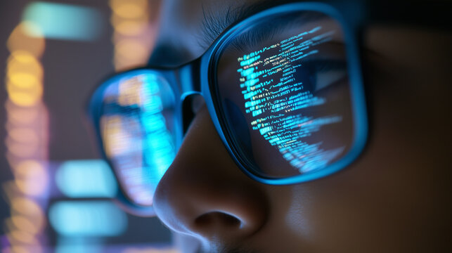Close up view of a person's glasses reflecting lines of computer code
