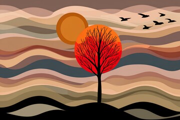 Abstract landscape illustration featuring a solitary tree with vibrant red foliage against a colorful wavy background and a bright sun, creating a serene and artistic atmosphere