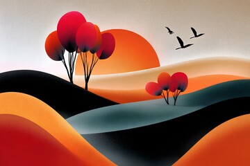 Serene abstract composition balancing warm hills with bold tree silhouettes and a calming sky gradient.