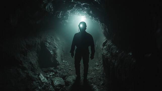 Miner wearing a headlamp explores a dark, narrow underground tunnel illuminated by a faint light from above.