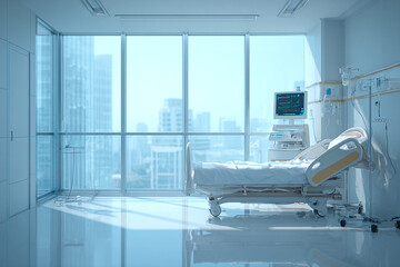Hospital room with bed and medical equipment. Healthcare concept. Modern clinic, bright, clean. Use for marketing, editorial, web.