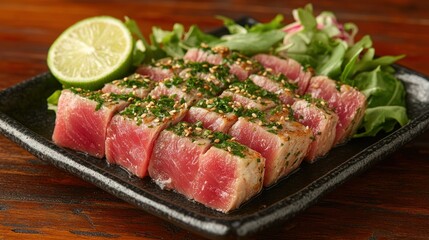 Fototapeta premium Slices of raw tuna, seasoned with herbs and sesame, atop a bed of greens, with a lime wedge