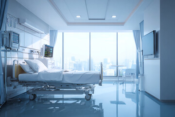 Hospital room interior features bed, equipment, city view. Modern design for healthcare, medical, advertising, editorial use.