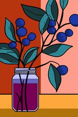 Colorful flat illustration of a glass jar filled with purple liquid, featuring vibrant blue berries and green leaves, set against a contrasting background of warm tones