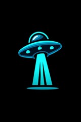 Massive circular UFO dominates the frame as it deploys a wide conical light beam ton a black background.