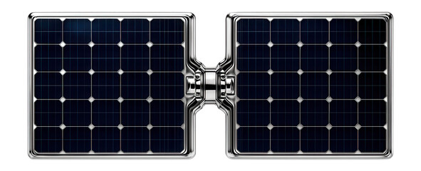 Satellite solar panel array with photovoltaic cells and hinge mechanism