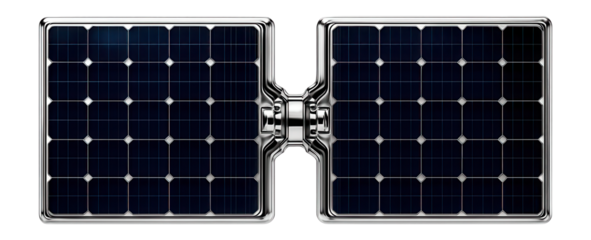 Satellite solar panel array with photovoltaic cells and hinge mechanism
