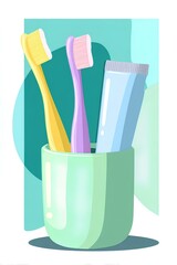 Happy hygiene moment - toothbrushes in pastel colors and whimsical toothpaste design gathered in farmhouse-style mug illustration.