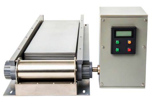 Industrial material feeder machine with electronic control box isolated with transparent background