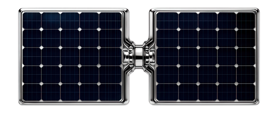 Satellite solar panel array with photovoltaic cells and hinge mechanism