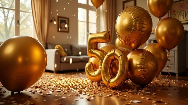 Golden balloons and confetti mark a festive fiftieth anniversary celebration in an elegant interior setting