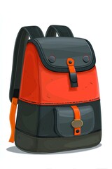 Stylish black and orange backpack illustration featuring a flap closure, adjustable straps, and a front pocket, ideal for school or outdoor activities with a modern design