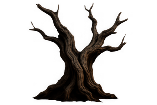 Ancient gnarled dead tree with twisted branches and rough bark texture isolated on transparent background