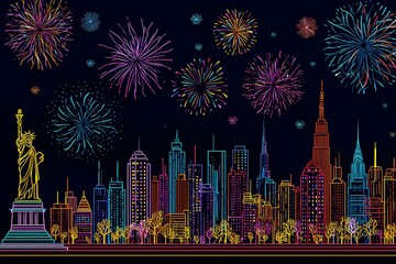 National holiday excitement - colorful stylized illustration of historic monument celebrating freedom with spectacular fireworks show above a glowing metropolitan skyline.