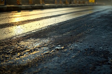 Reflection of Sunlight on Wet Asphalt Road at Dusk or Dawn