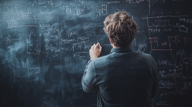 Man writing complex mathematical formulas on a chalkboard, deeply engaged in problem-solving. - Powered by Adobe