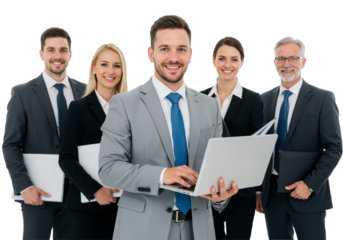 Confident Business Team Holding laptop on Transparent Background, PNG format