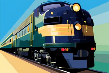 Iconic train design in motion, evoking the golden age of rail travel through blue setting.
