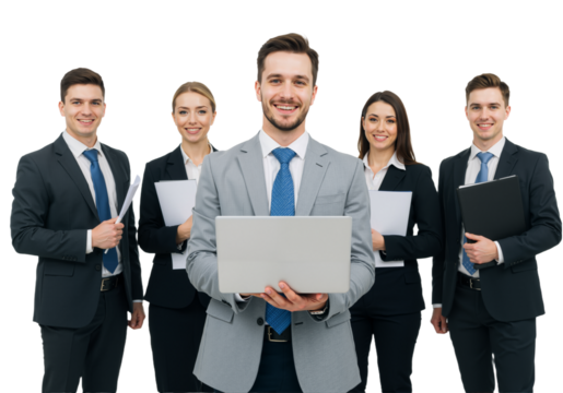 Confident Business Team Holding laptop on Transparent Background, PNG format
