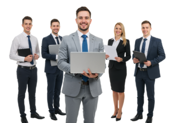 Confident Business Team Holding laptop on Transparent Background, PNG format