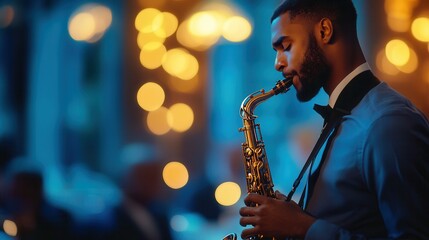 Saxophone serenade arouses souls at lively jazz club with bokeh lights all around